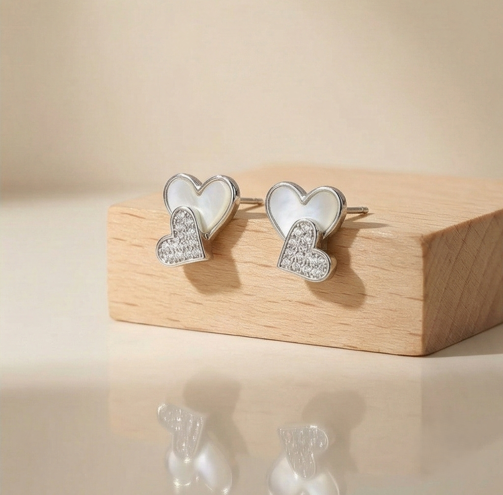 925 Sterling Silver Double Heart Stud Earrings with Inlay and Pave Accents Jewellery