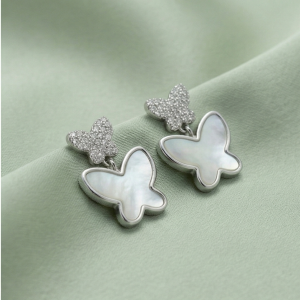 925 Sterling Silver Double Butterfly Earrings Mother of Pearl Inlay Rhodium Finish Jewellery