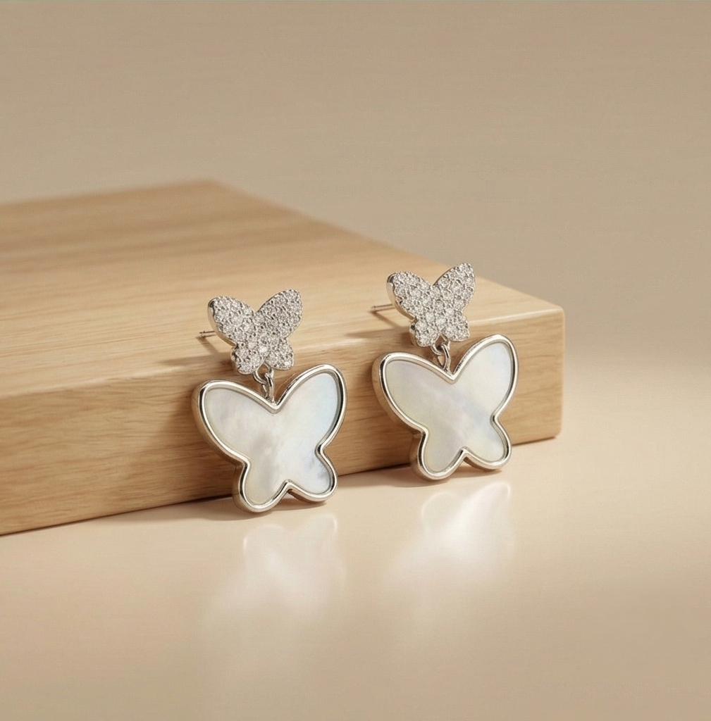 925 Sterling Silver Double Butterfly Earrings Mother of Pearl Inlay Rhodium Finish Jewellery