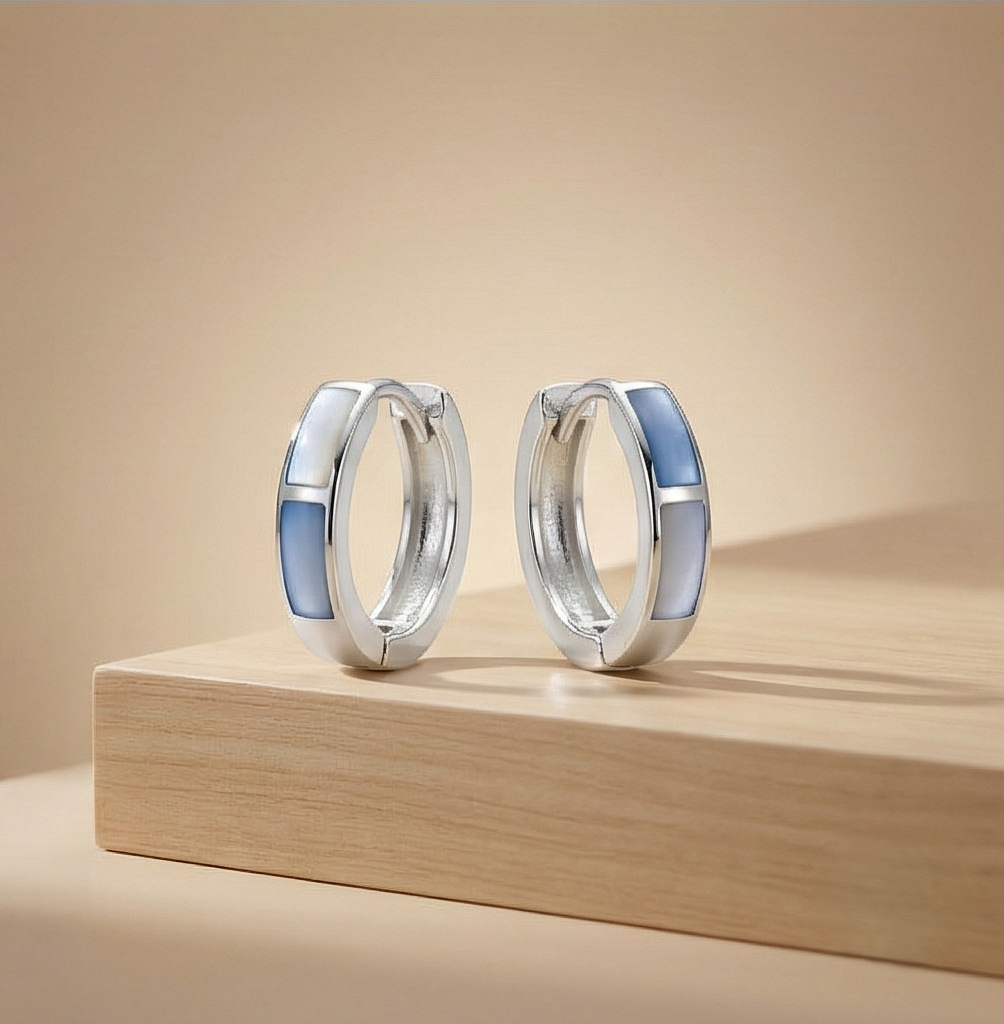 925 Sterling Silver Light Blue Rectangular Inlay Huggie Hoop Earrings for Women Rhodium Plated Jewellery