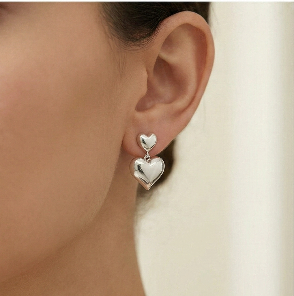 925 Sterling Silver Double Puffed Heart Drop Earrings Jewellery High Polish