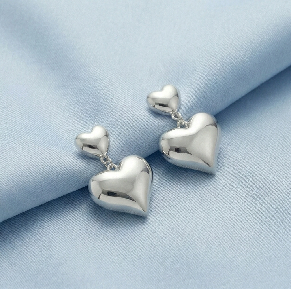 925 Sterling Silver Double Puffed Heart Drop Earrings Jewellery High Polish