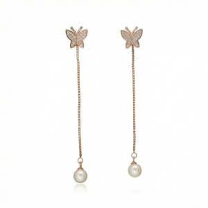 925 Sterling Silver Rose Gold Plated Butterfly and Pearl Long Drop Earrings Jewellery