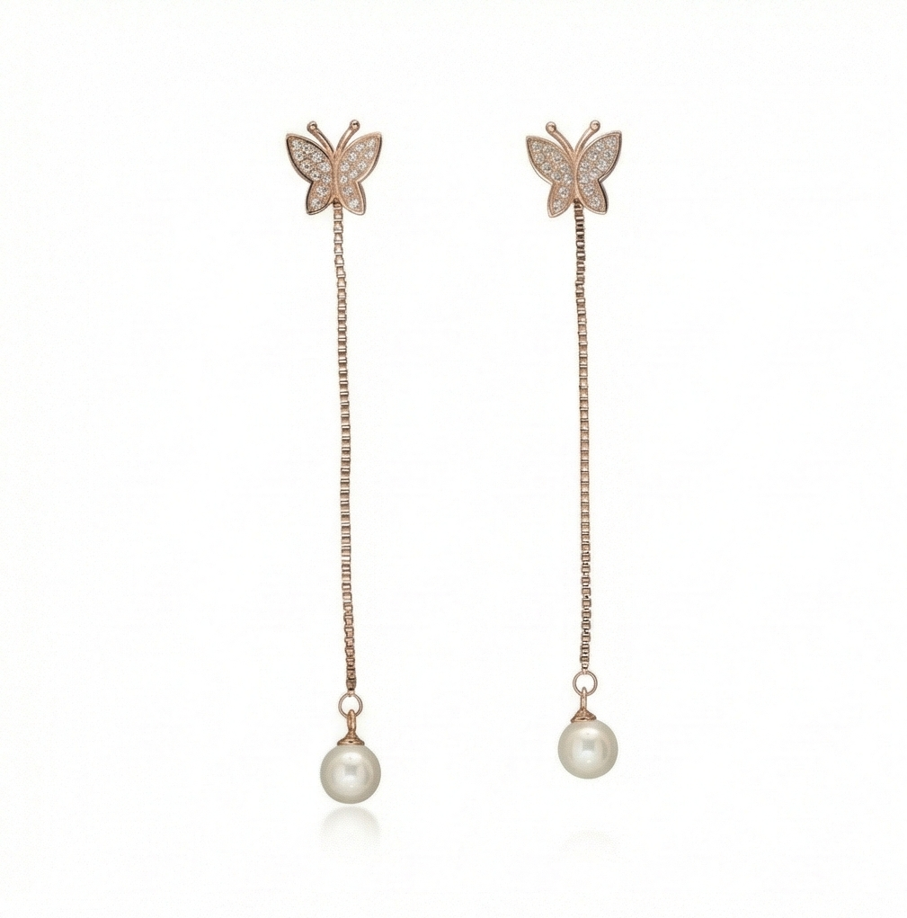 925 Sterling Silver Rose Gold Plated Butterfly and Pearl Long Drop Earrings Jewellery