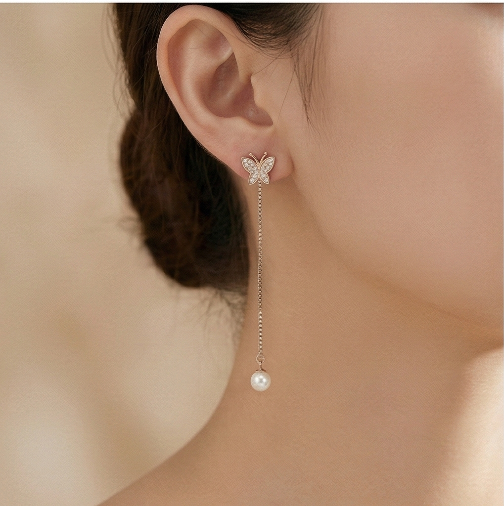 925 Sterling Silver Rose Gold Plated Butterfly and Pearl Long Drop Earrings Jewellery