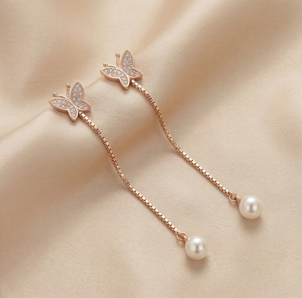 925 Sterling Silver Rose Gold Plated Butterfly and Pearl Long Drop Earrings Jewellery