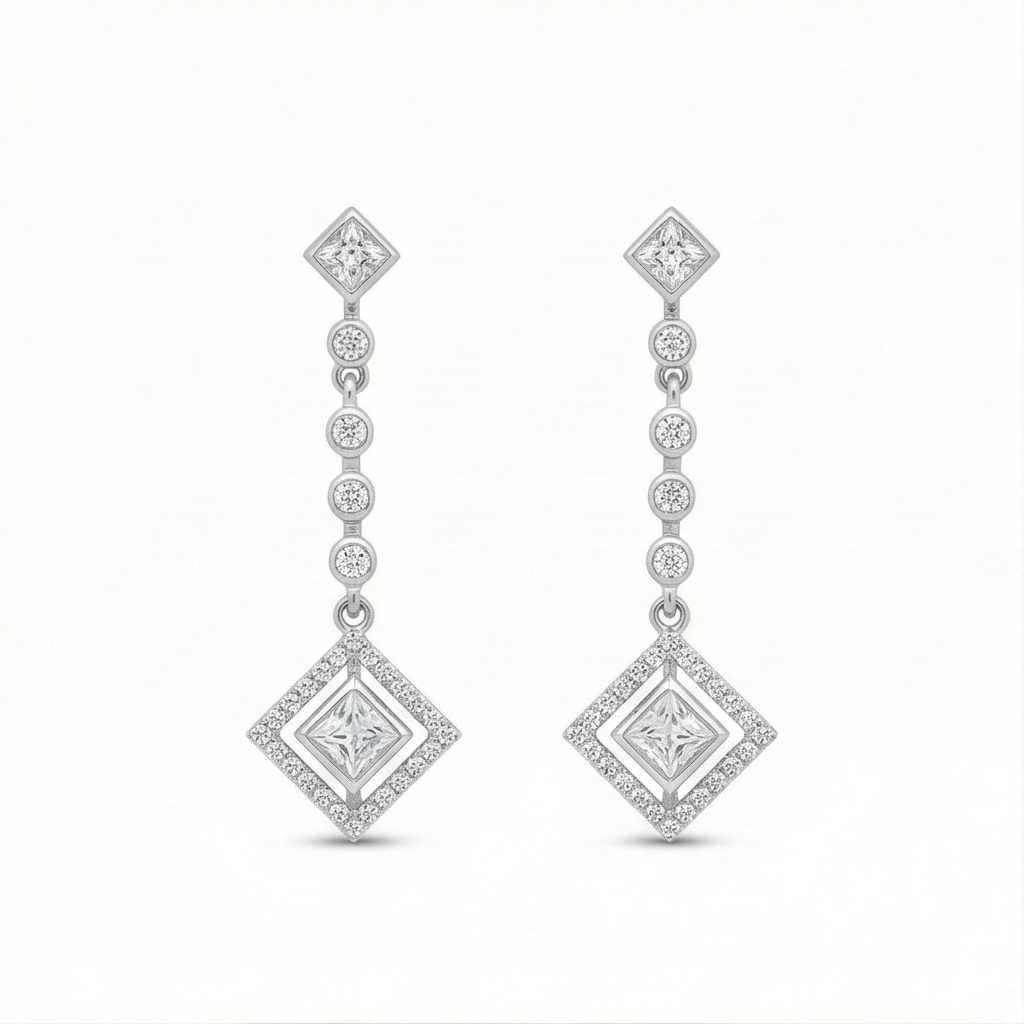925 Sterling Silver Geometric Linear Drop Earrings with Art Deco Square Halo Design Jewellery