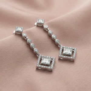 925 Sterling Silver Geometric Linear Drop Earrings with Art Deco Square Halo Design Jewellery