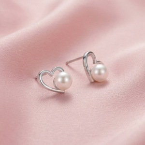 925 Sterling Silver Open Heart Pearl Stud Earrings Jewellery High Polish Rhodium Finish