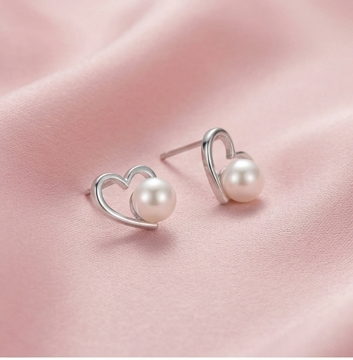 925 Sterling Silver Open Heart Pearl Stud Earrings Jewellery High Polish Rhodium Finish