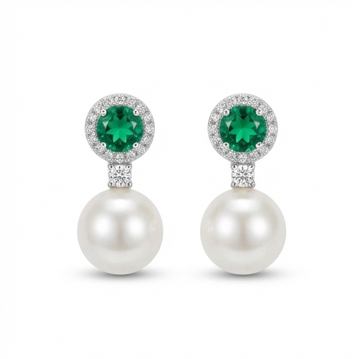 925 Sterling Silver Green Stone Halo Pearl Drop Earrings Jewellery for Women High Rhodium Polish