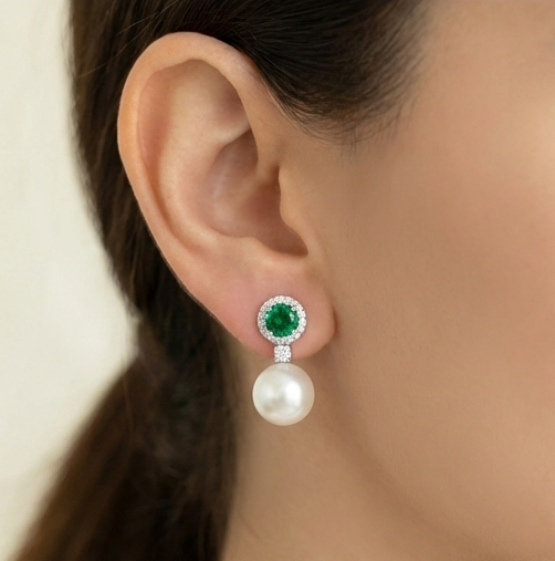 925 Sterling Silver Green Stone Halo Pearl Drop Earrings Jewellery for Women High Rhodium Polish