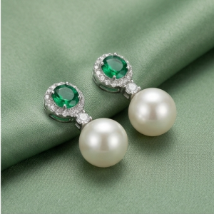 925 Sterling Silver Green Stone Halo Pearl Drop Earrings Jewellery for Women High Rhodium Polish