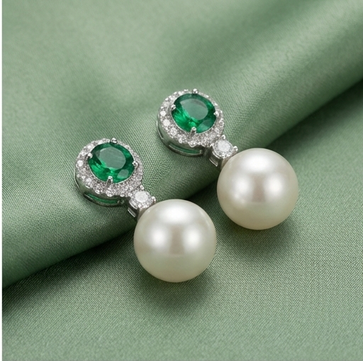 925 Sterling Silver Green Stone Halo Pearl Drop Earrings Jewellery for Women High Rhodium Polish