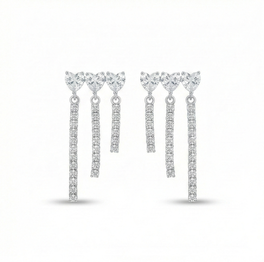 925 Sterling Silver Triple Heart Waterfall Drop Earrings High Polish Rhodium Jewellery
