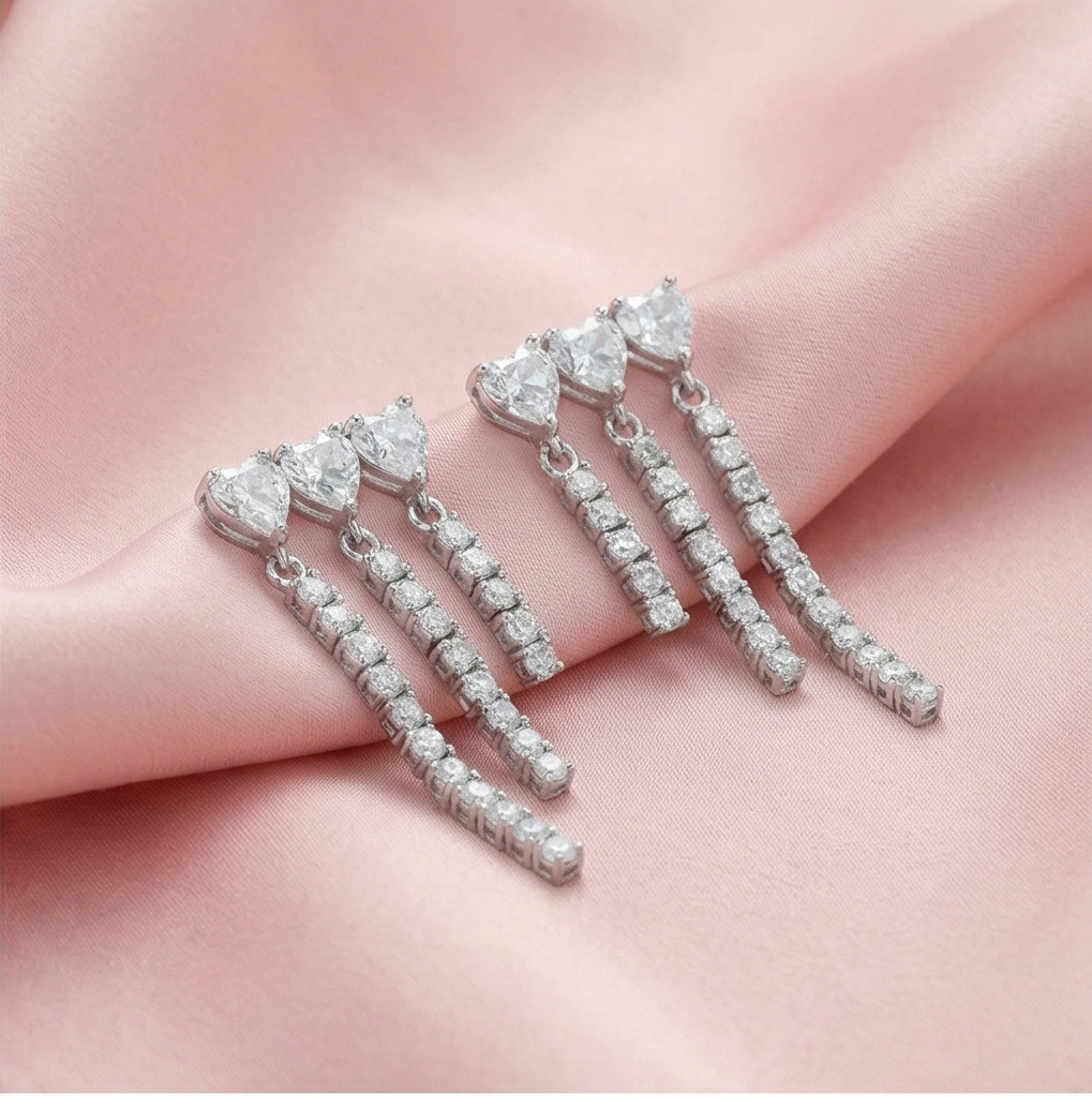 925 Sterling Silver Triple Heart Waterfall Drop Earrings High Polish Rhodium Jewellery