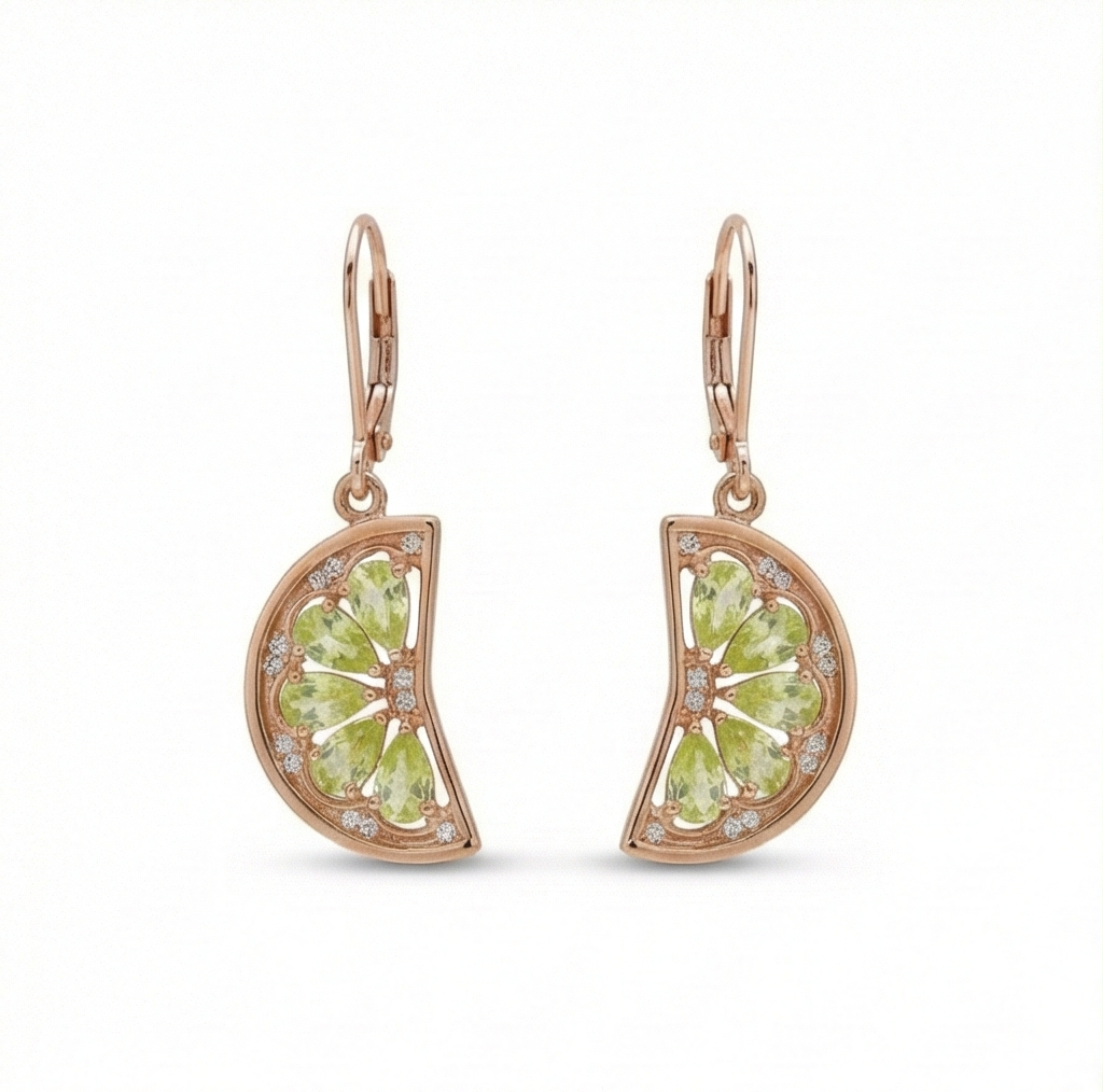 925 Sterling Silver Rose Gold Plated Green Crystal Fruit Slice Drop Earrings Jewellery