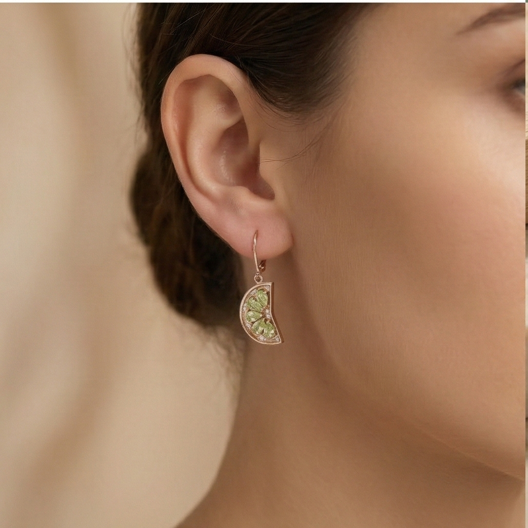925 Sterling Silver Rose Gold Plated Green Crystal Fruit Slice Drop Earrings Jewellery