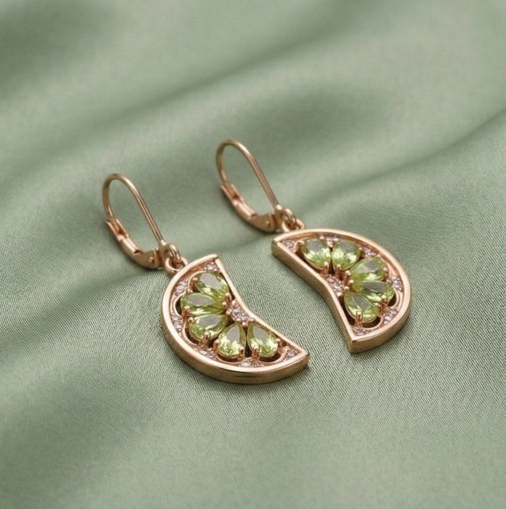 925 Sterling Silver Rose Gold Plated Green Crystal Fruit Slice Drop Earrings Jewellery