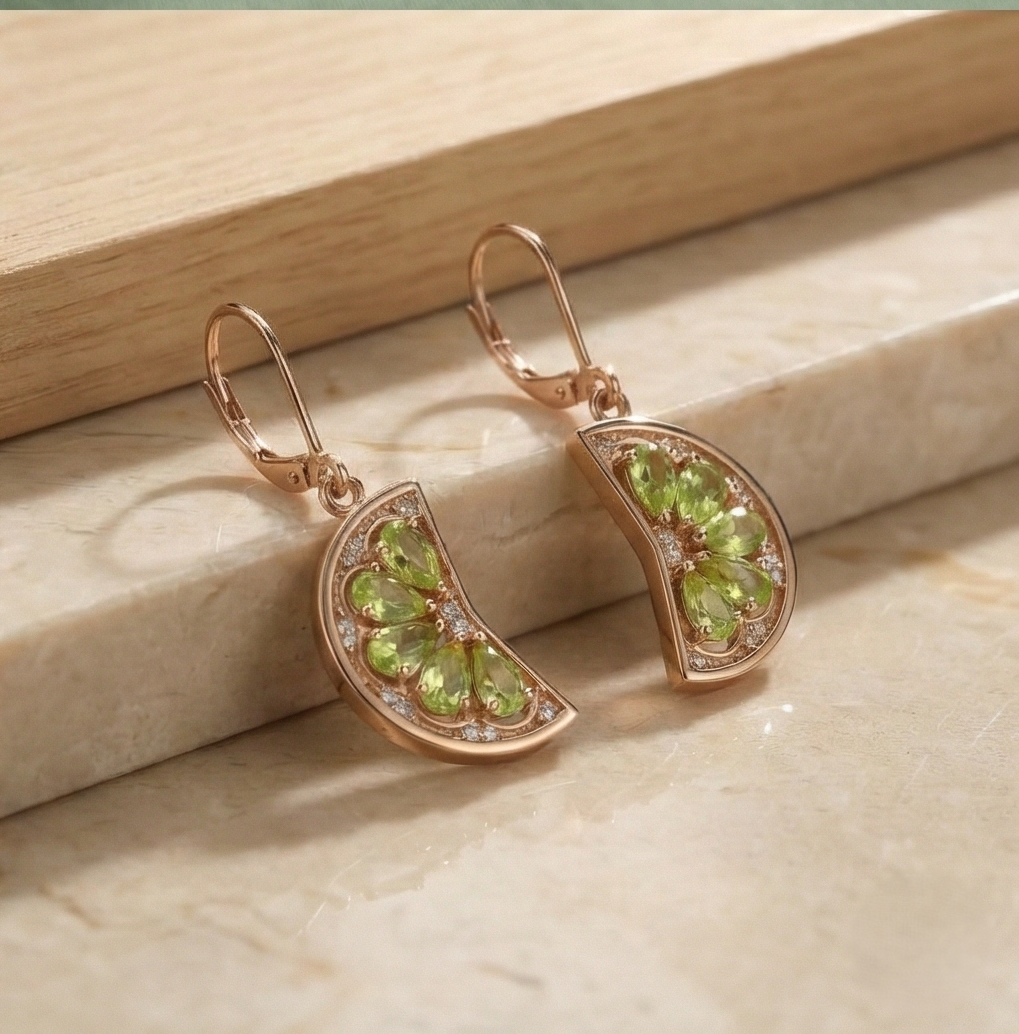 925 Sterling Silver Rose Gold Plated Green Crystal Fruit Slice Drop Earrings Jewellery