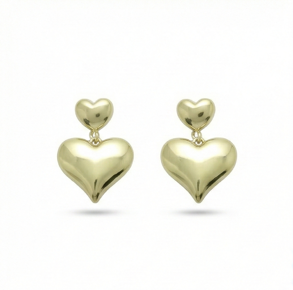 925 Sterling Silver Gold Plated Double Puffed Heart Drop Earrings Jewellery