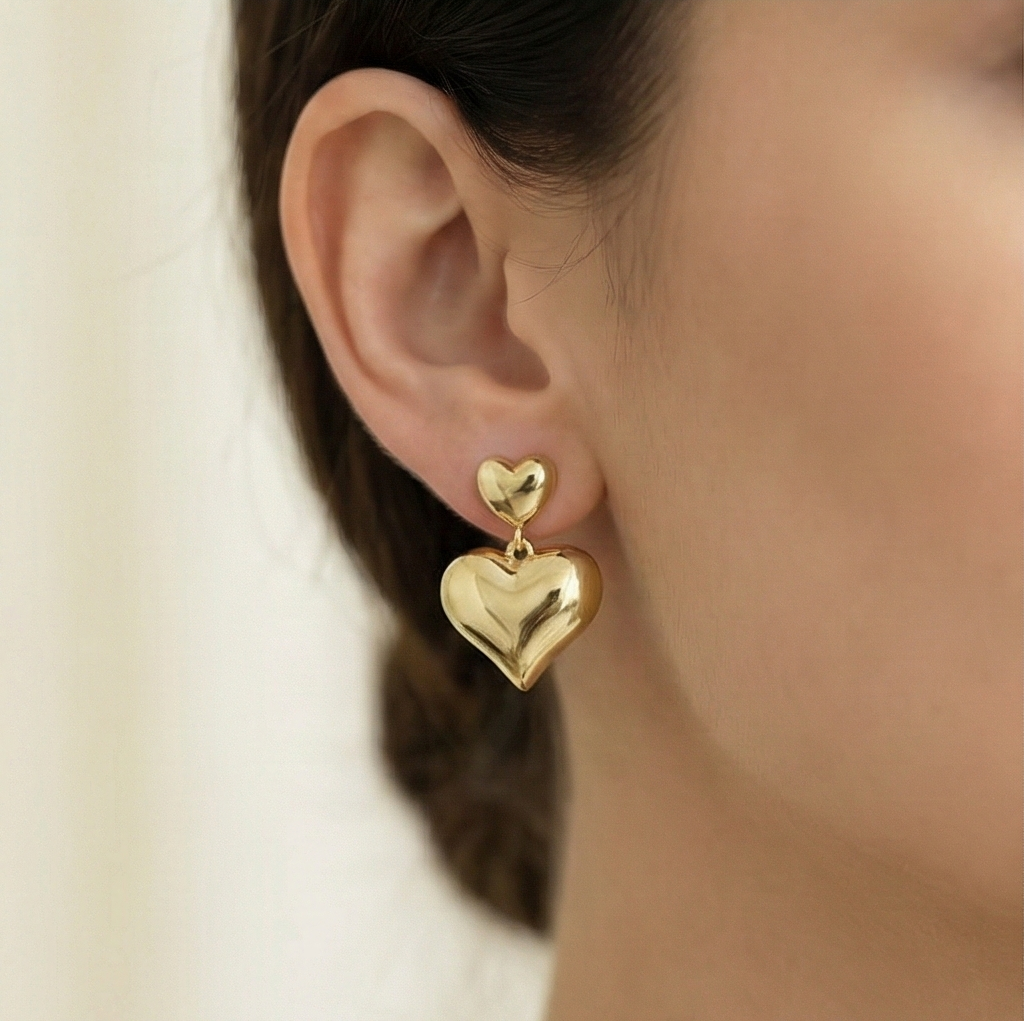 925 Sterling Silver Gold Plated Double Puffed Heart Drop Earrings Jewellery