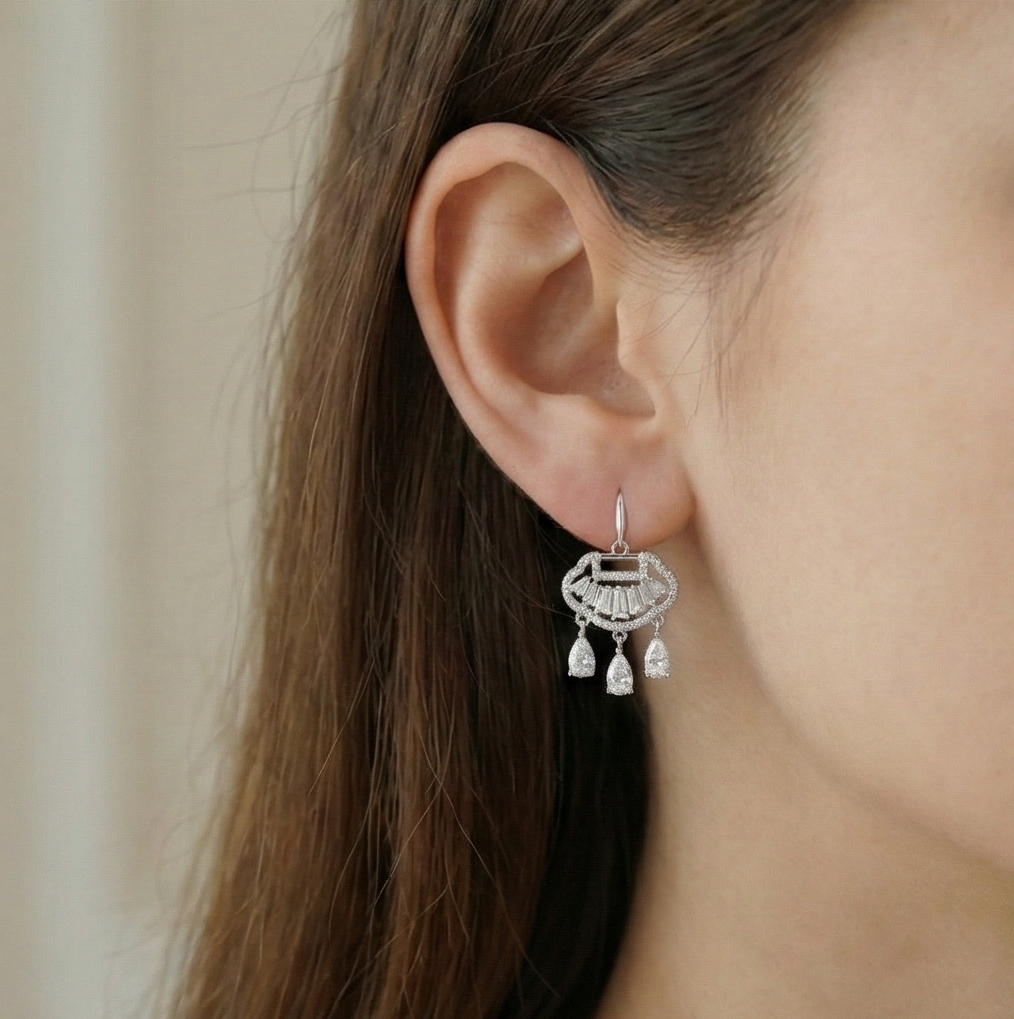 925 Sterling Silver Art Deco Fan Chandelier Earrings with Pear Dangle Jewellery