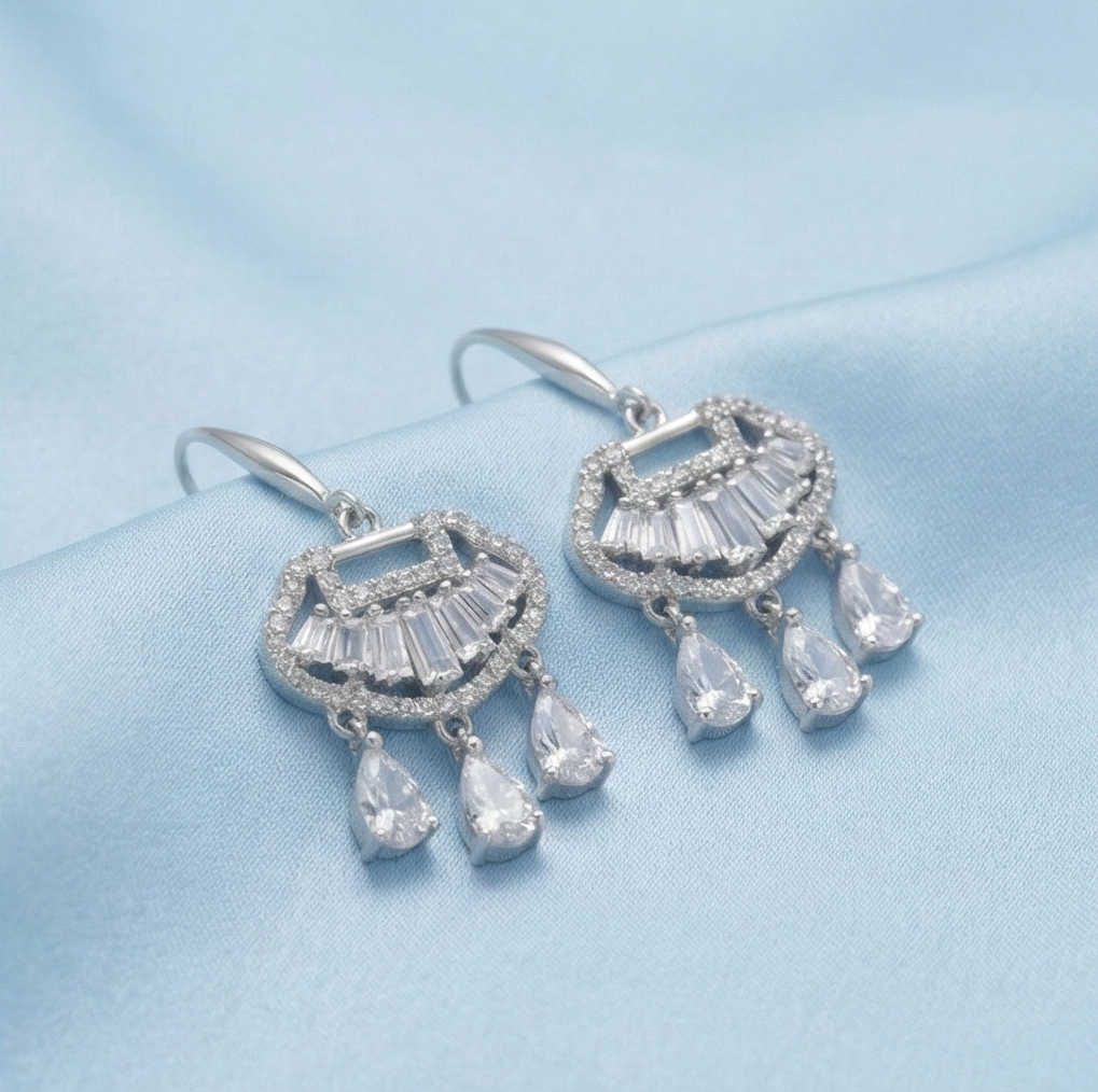 925 Sterling Silver Art Deco Fan Chandelier Earrings with Pear Dangle Jewellery