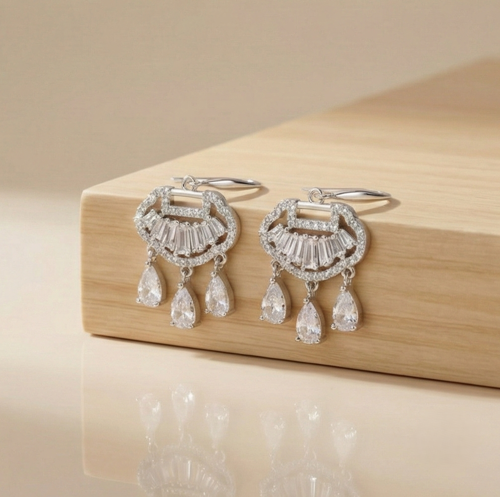 925 Sterling Silver Art Deco Fan Chandelier Earrings with Pear Dangle Jewellery