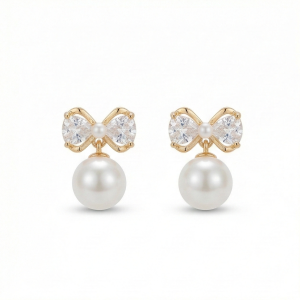 925 Sterling Silver Gold Plated Bow Knot Pearl Drop Earrings Jewellery