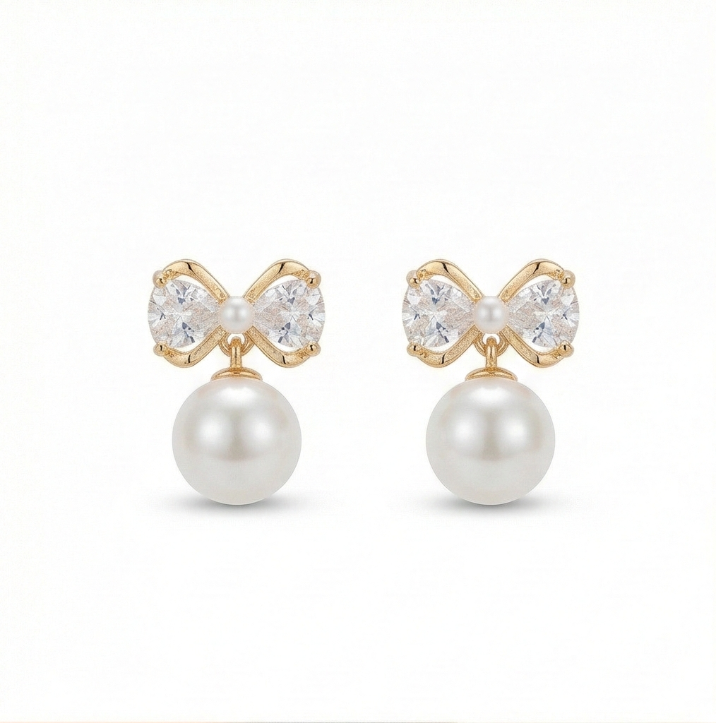 925 Sterling Silver Gold Plated Bow Knot Pearl Drop Earrings Jewellery