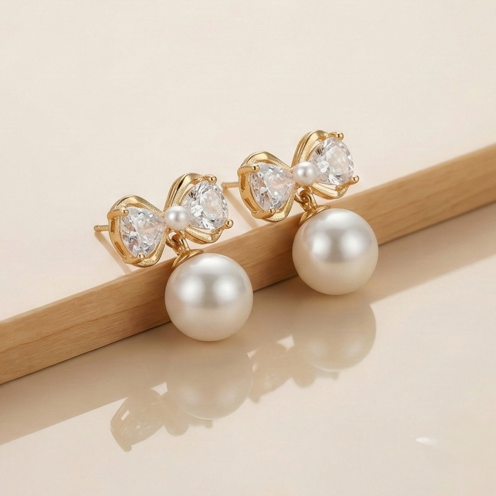 925 Sterling Silver Gold Plated Bow Knot Pearl Drop Earrings Jewellery