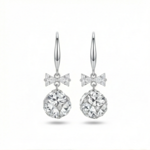 925 Sterling Silver Crystal Bow Knot Drop Earrings with Faceted Ball Charm Jewellery