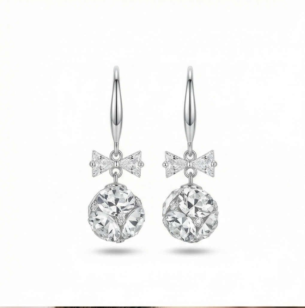 925 Sterling Silver Crystal Bow Knot Drop Earrings with Faceted Ball Charm Jewellery