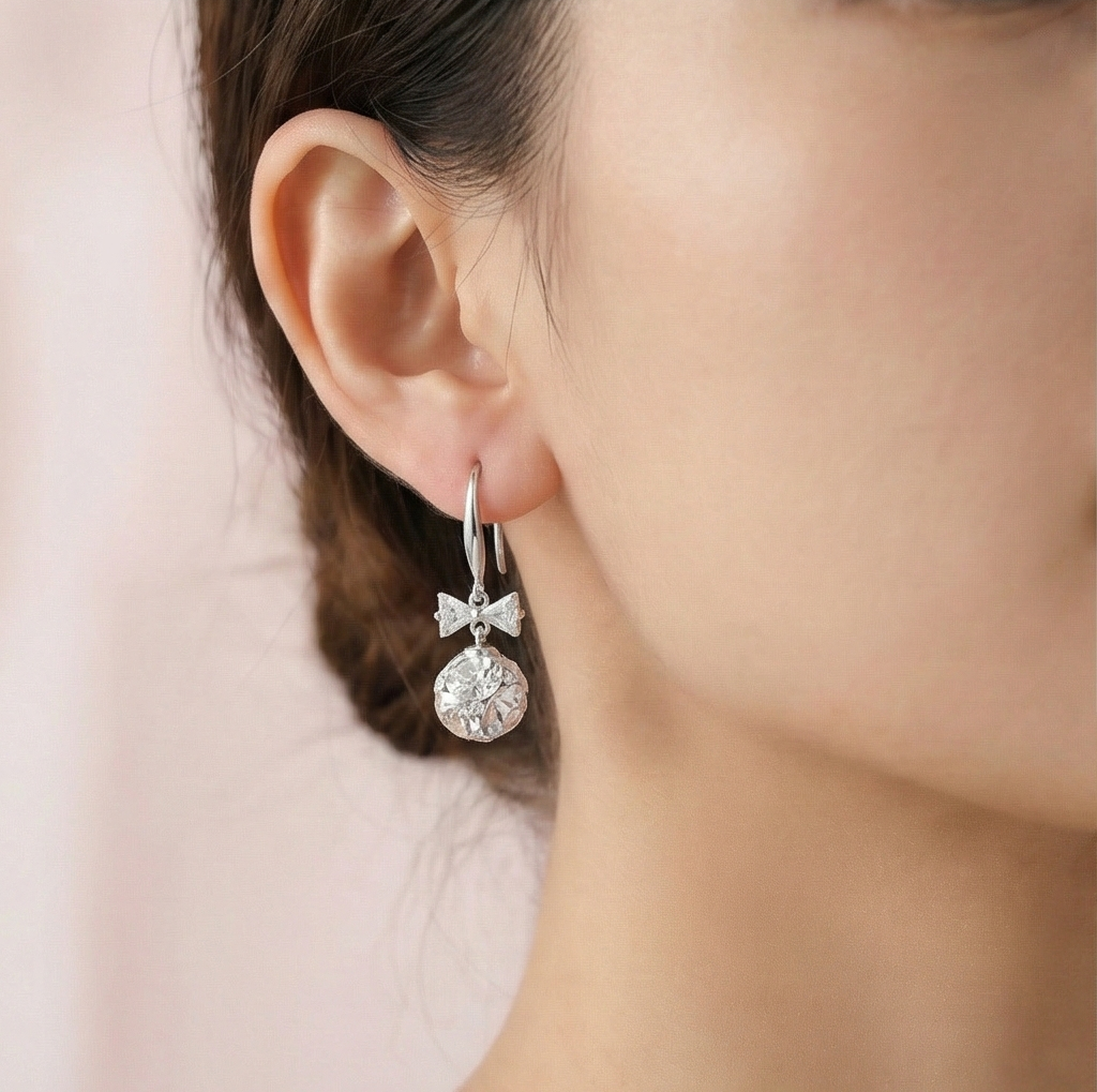 925 Sterling Silver Crystal Bow Knot Drop Earrings with Faceted Ball Charm Jewellery
