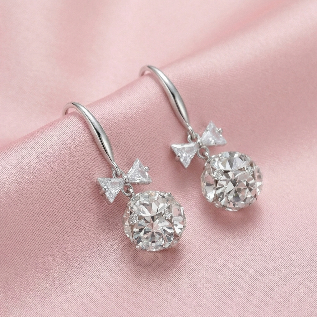 925 Sterling Silver Crystal Bow Knot Drop Earrings with Faceted Ball Charm Jewellery