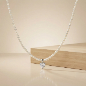 925 Sterling Silver Pearl Strand Necklace with Crystal Heart Charm Jewellery for Women