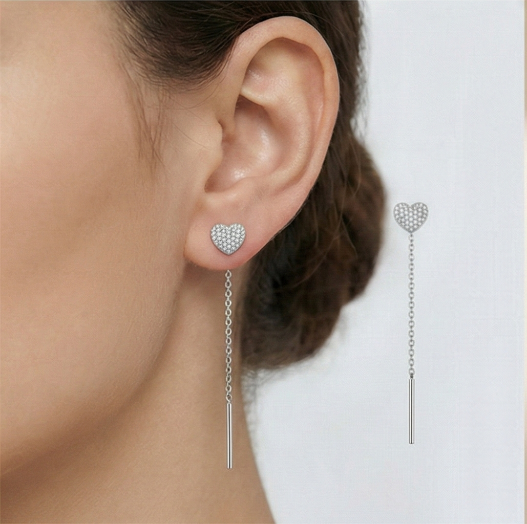 925 Sterling Silver Pave Heart Long Chain Drop Earrings High Polish Rhodium Finish Jewellery