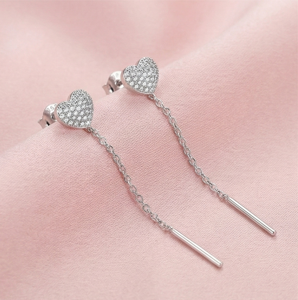 925 Sterling Silver Pave Heart Long Chain Drop Earrings High Polish Rhodium Finish Jewellery