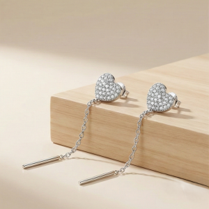 925 Sterling Silver Pave Heart Long Chain Drop Earrings High Polish Rhodium Finish Jewellery