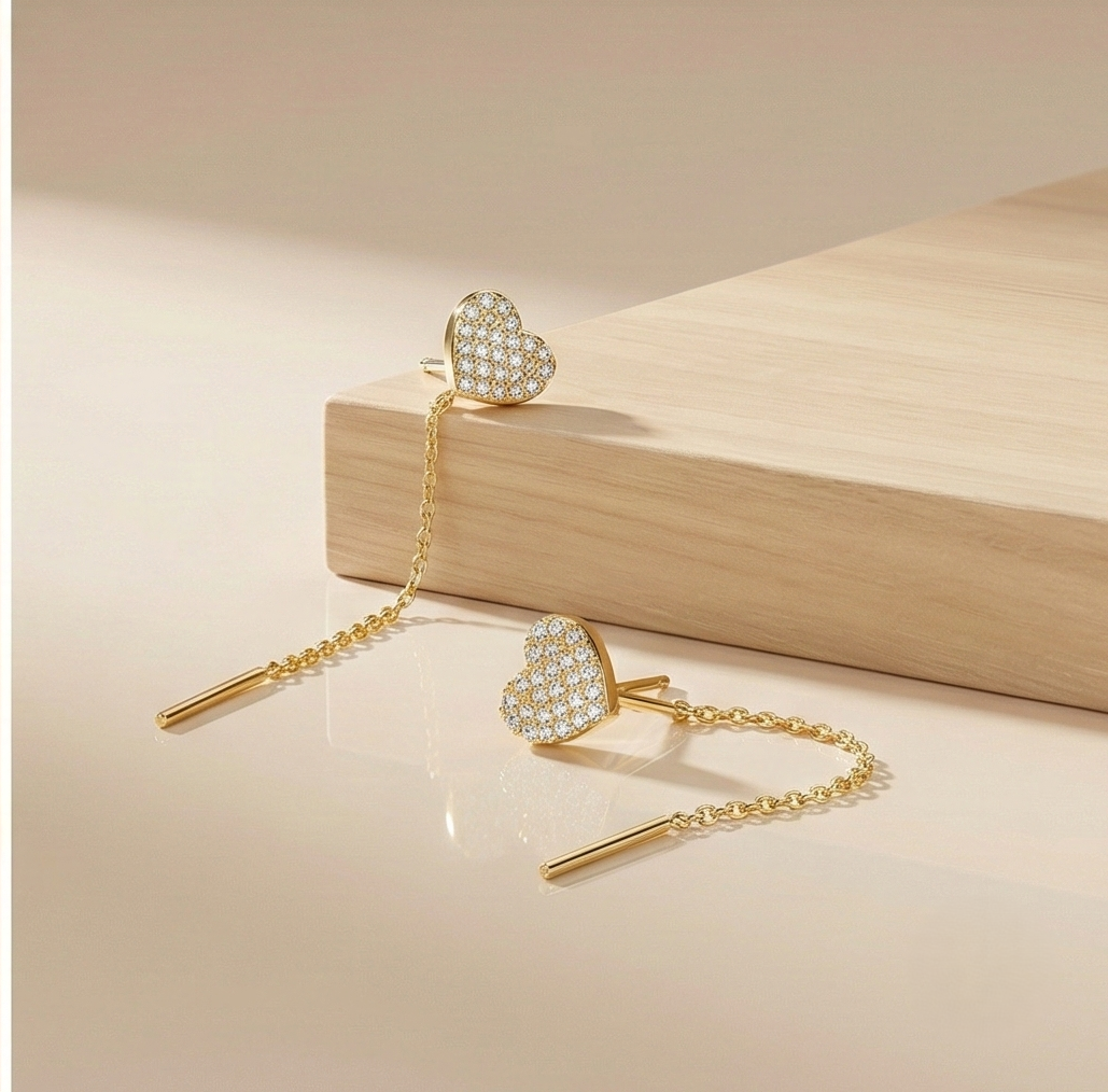 925 Sterling Silver Pave Heart Long Chain Drop Earrings Yellow Gold Plated Jewellery for Women