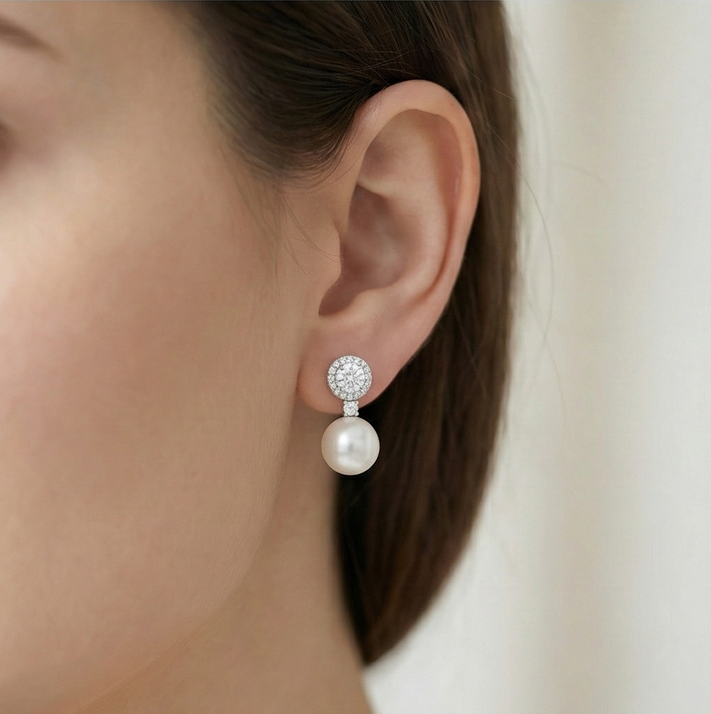 925 Sterling Silver Classic Pearl Drop Earrings with Halo Stud High Polish Rhodium Finish Jewellery