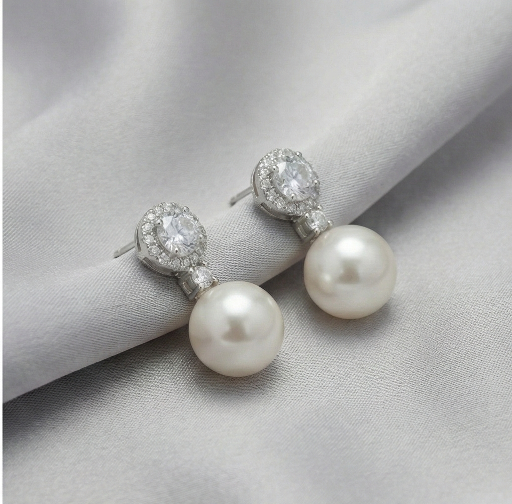 925 Sterling Silver Classic Pearl Drop Earrings with Halo Stud High Polish Rhodium Finish Jewellery