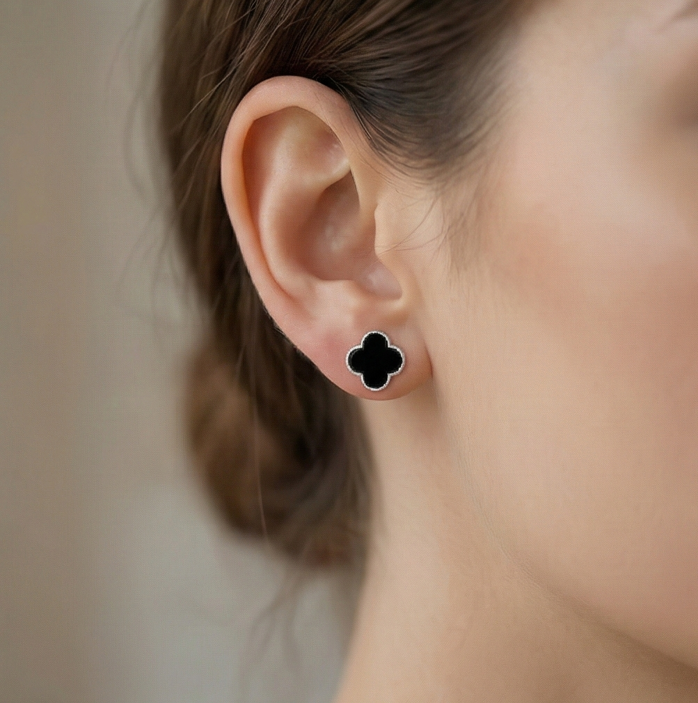 925 Sterling Silver Black Enamel Quatrefoil Clover Stud Earrings Jewellery Minimalist