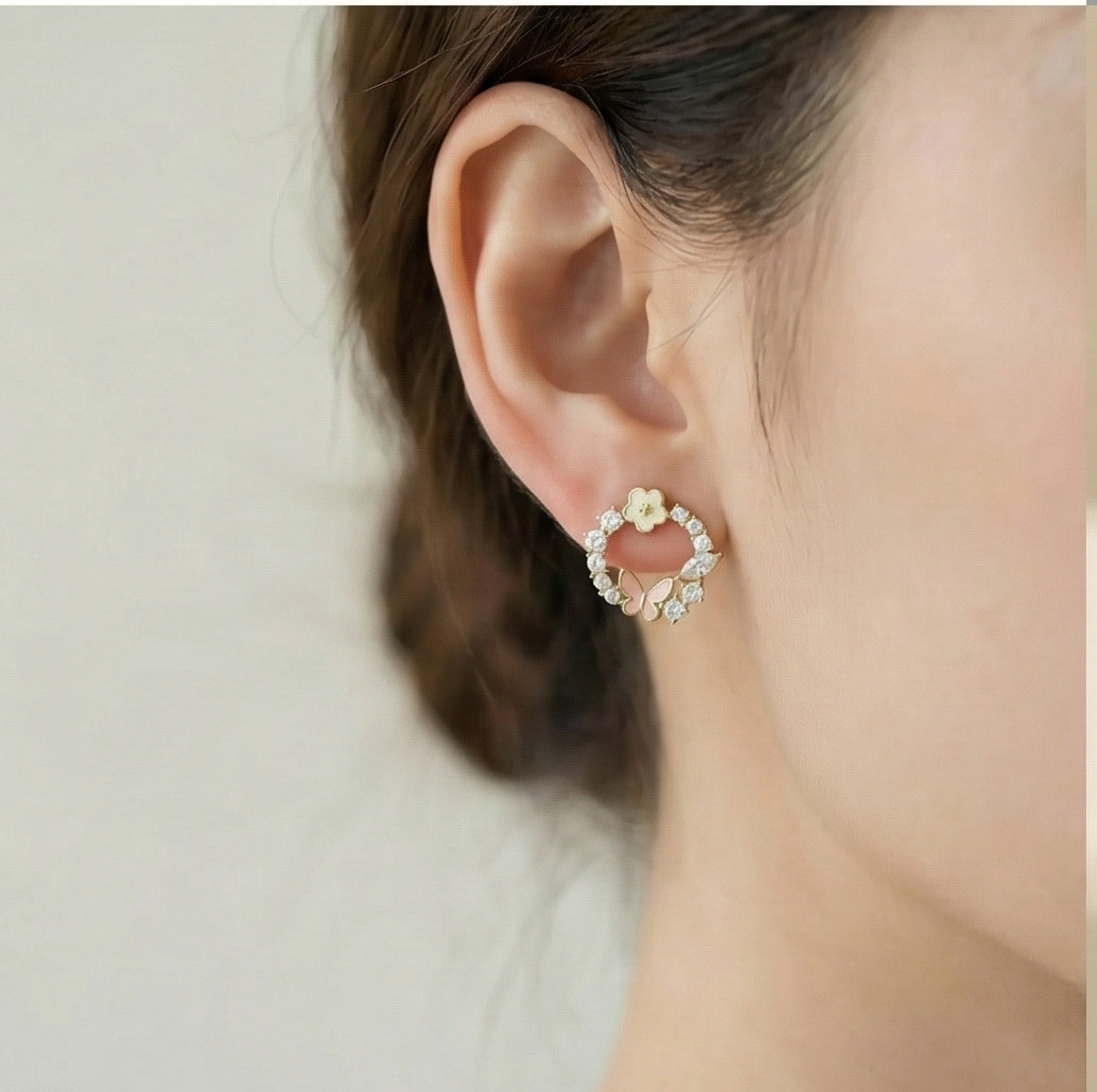 925 Sterling Silver Gold Plated Floral Butterfly Wreath Stud Earrings Jewellery for Women