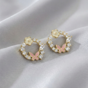 925 Sterling Silver Gold Plated Floral Butterfly Wreath Stud Earrings Jewellery for Women