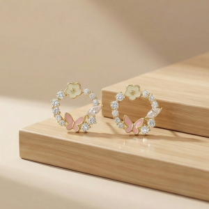 925 Sterling Silver Gold Plated Floral Butterfly Wreath Stud Earrings Jewellery for Women