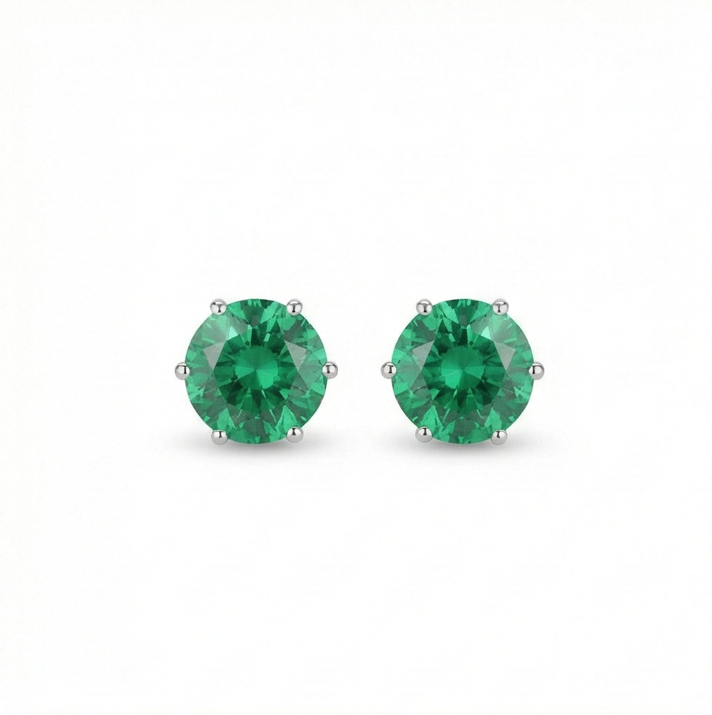 925 Sterling Silver Round Green Solitaire Stud Earrings Jewellery Rhodium Plated
