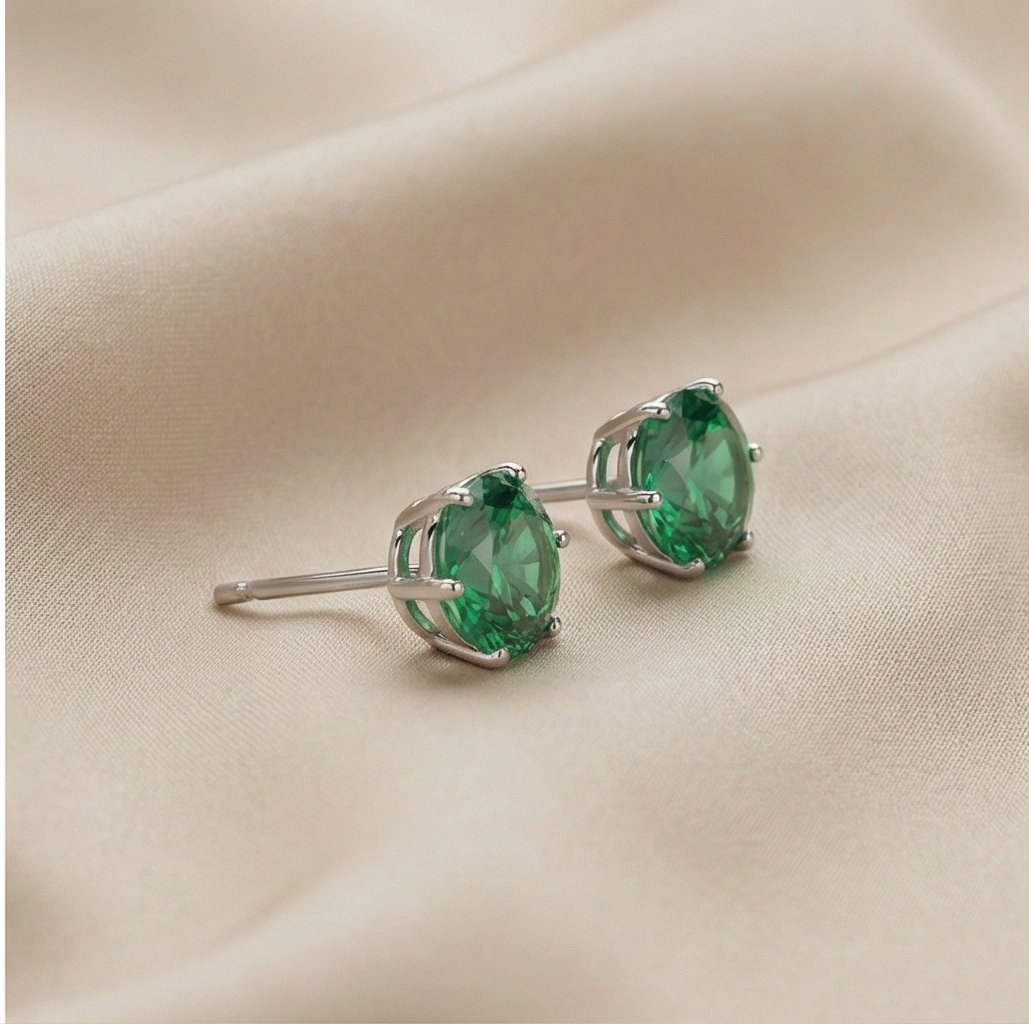 925 Sterling Silver Round Green Solitaire Stud Earrings Jewellery Rhodium Plated