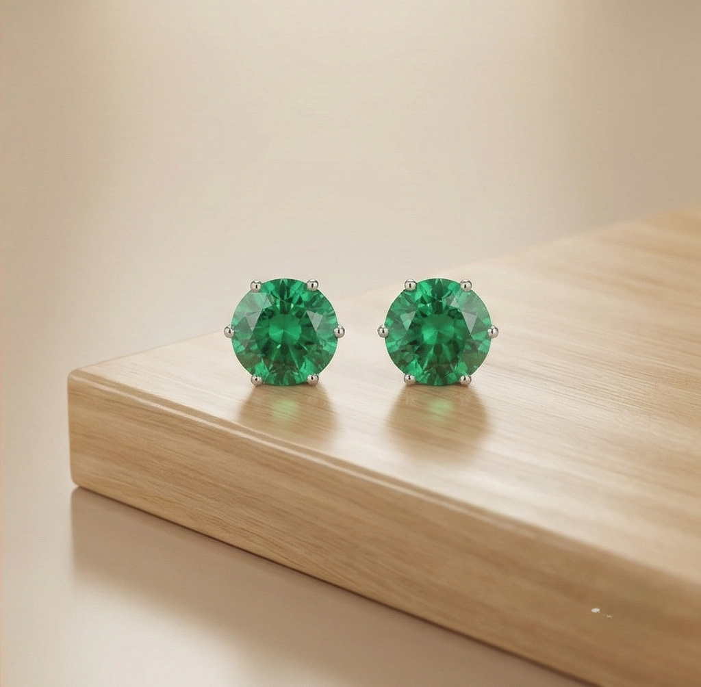 925 Sterling Silver Round Green Solitaire Stud Earrings Jewellery Rhodium Plated